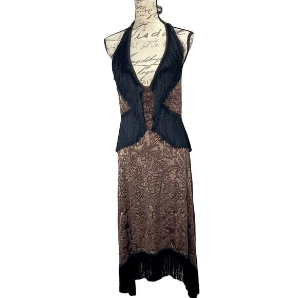 NEW Anthropologie Fringed Jacquard Velvet Halter Dress Brown / Black - Sz 14 - Picture 1 of 12